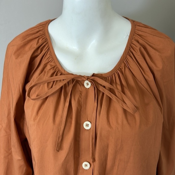 J Crew Tie sleeve button front cotton poplin top Orange Fall Relaxed Sz M NEW - Picture 3 of 13